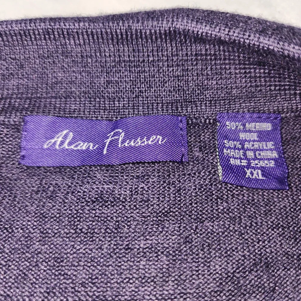 Alan Flusser Mens XXL Merino Wool Blend Purple Checkered LS Polo Sweater